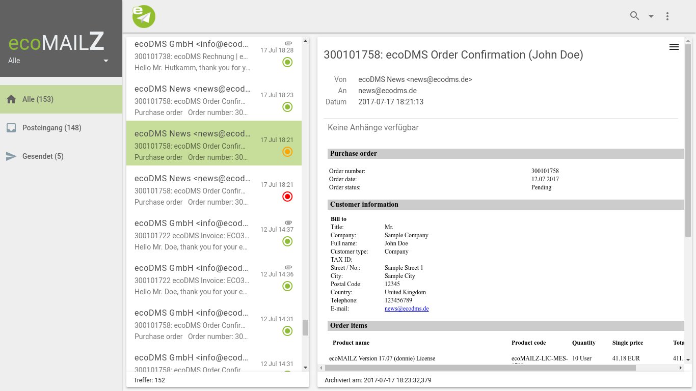 Automatische E-Mailarchivierung mit ecoMAILZ Version 1.0.6
