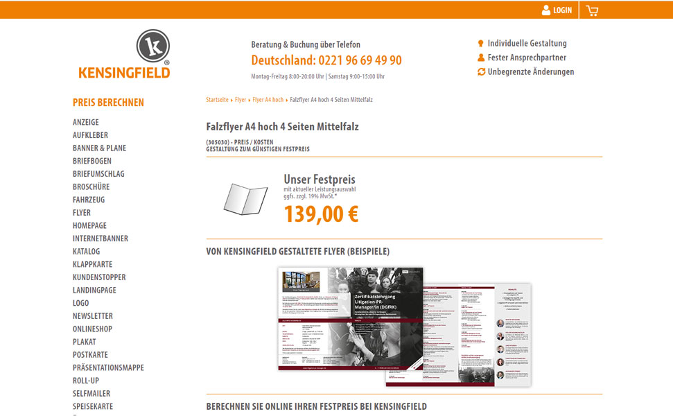 Kensingfield: Falzflyer A4 hoch 4 Seiten Mittelfalz