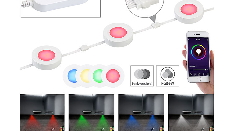 Lunartec 3er-Set WLAN-Unterbau-LEDs ULA-100, RGB+W