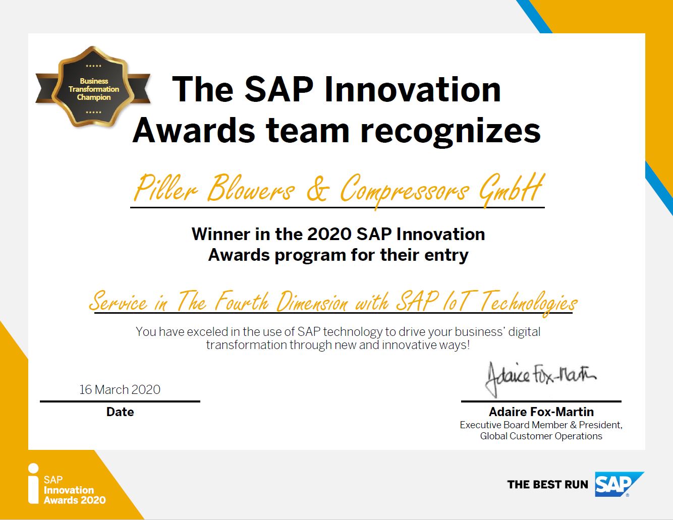 SAP zeichnet PILLER mit dem Innovation Award 2020 aus
