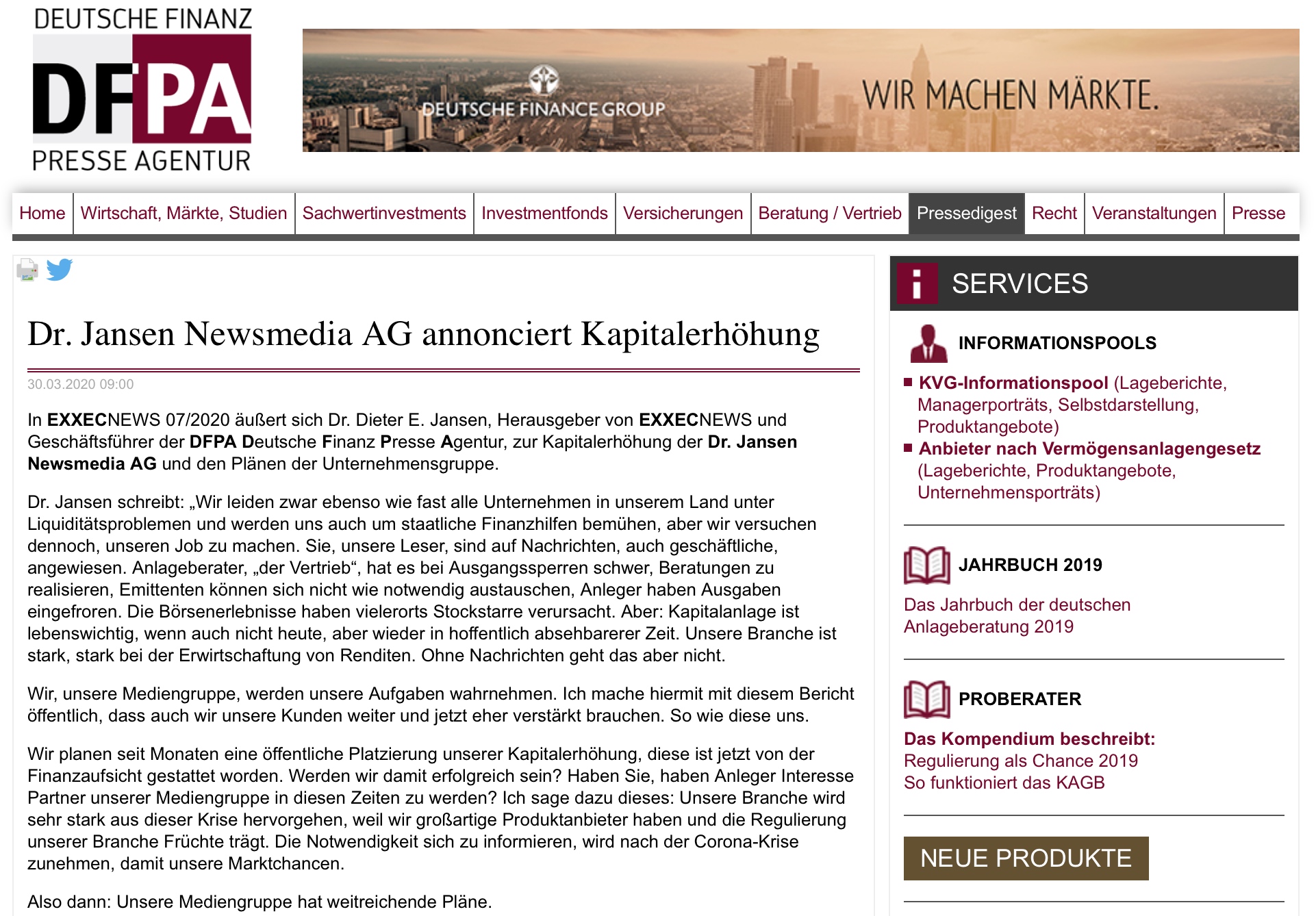 Dr. Jansen Newsmedia AG annonciert Kapitalerhöhung