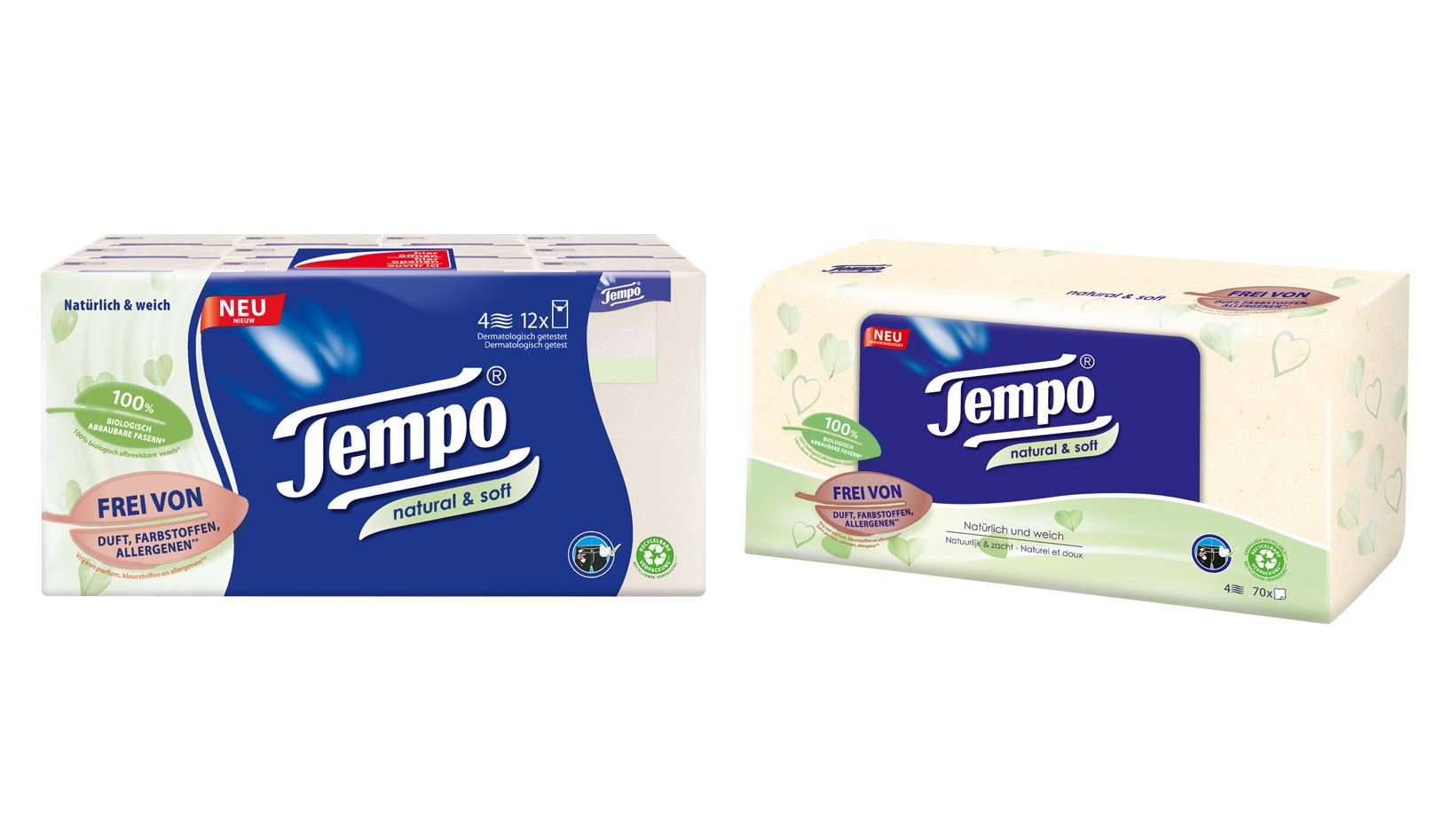 NEU: Tempo natural & soft – frei von Duft, Farbstoffen und Allergenen*