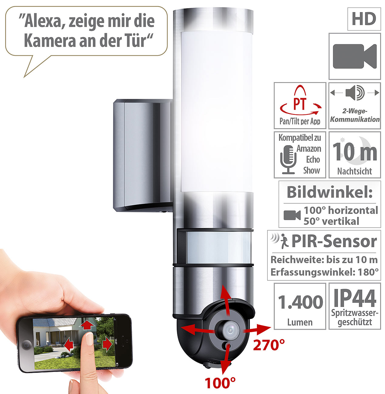 VisorTech LED-Außenwandleuchte & WLAN-HD-Kamera mit PIR