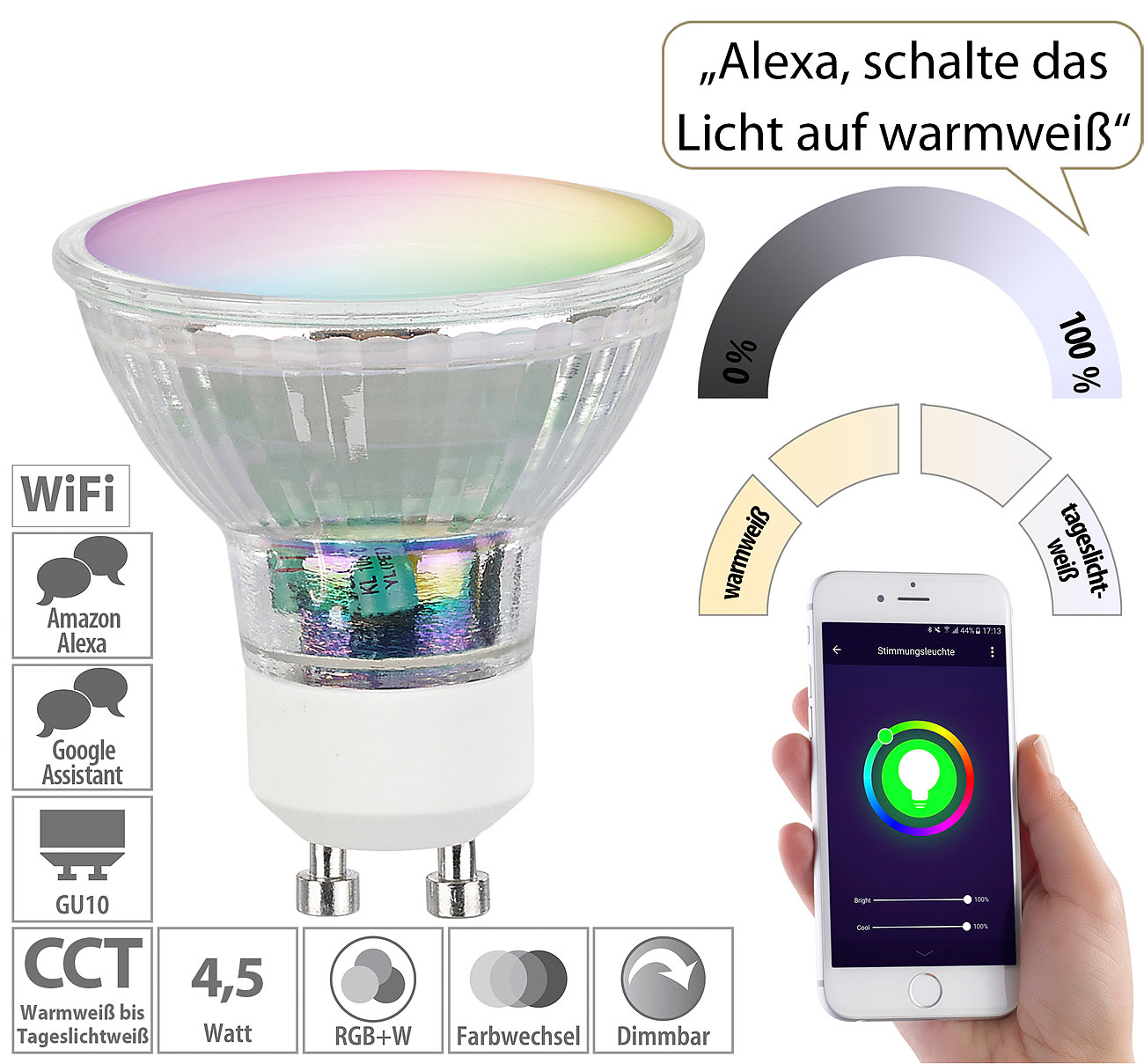 Luminea Home Control WLAN-LED-Glas-Spot GU10