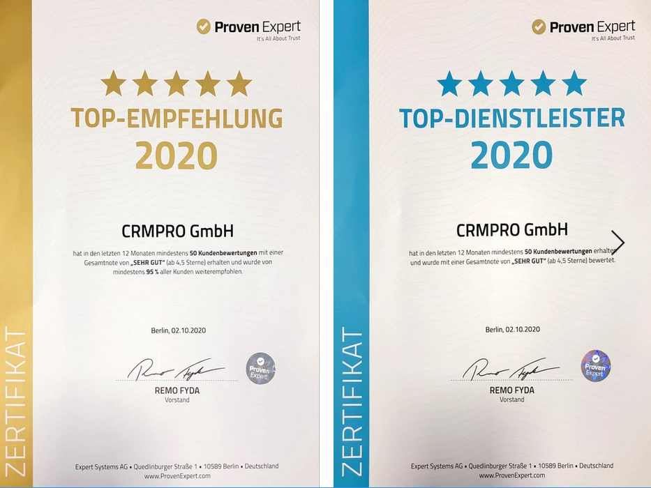 TOP Auszeichnung für CRMPRO GmbH