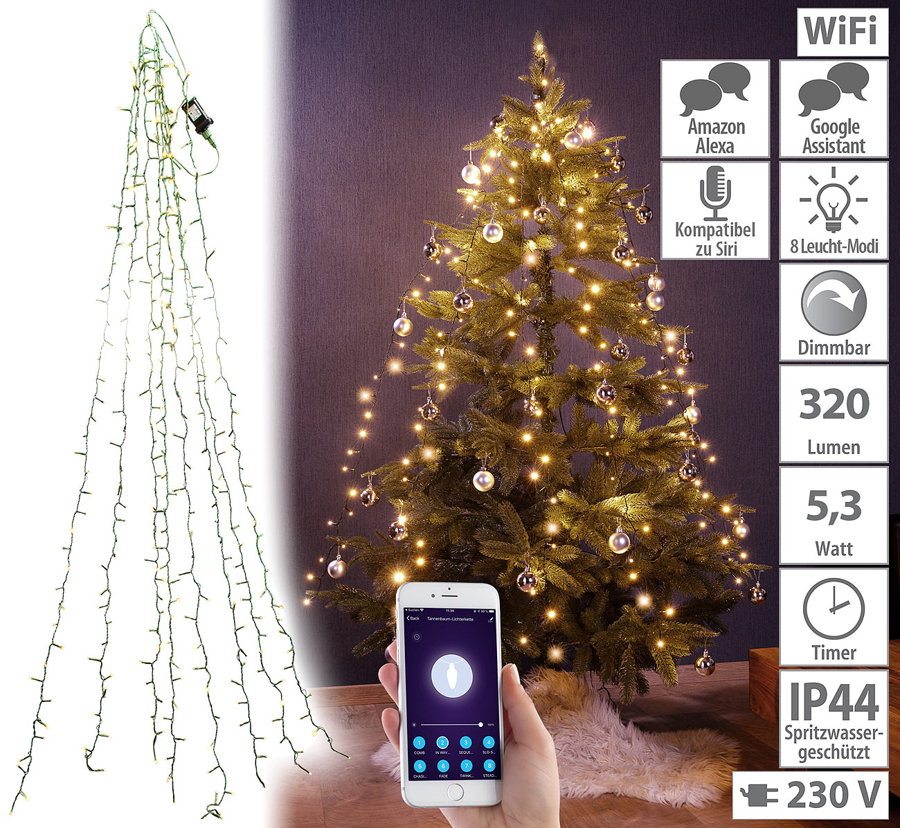 Lunartec WLAN-Tannenbaum-Überwurf-Lichterkette mit App