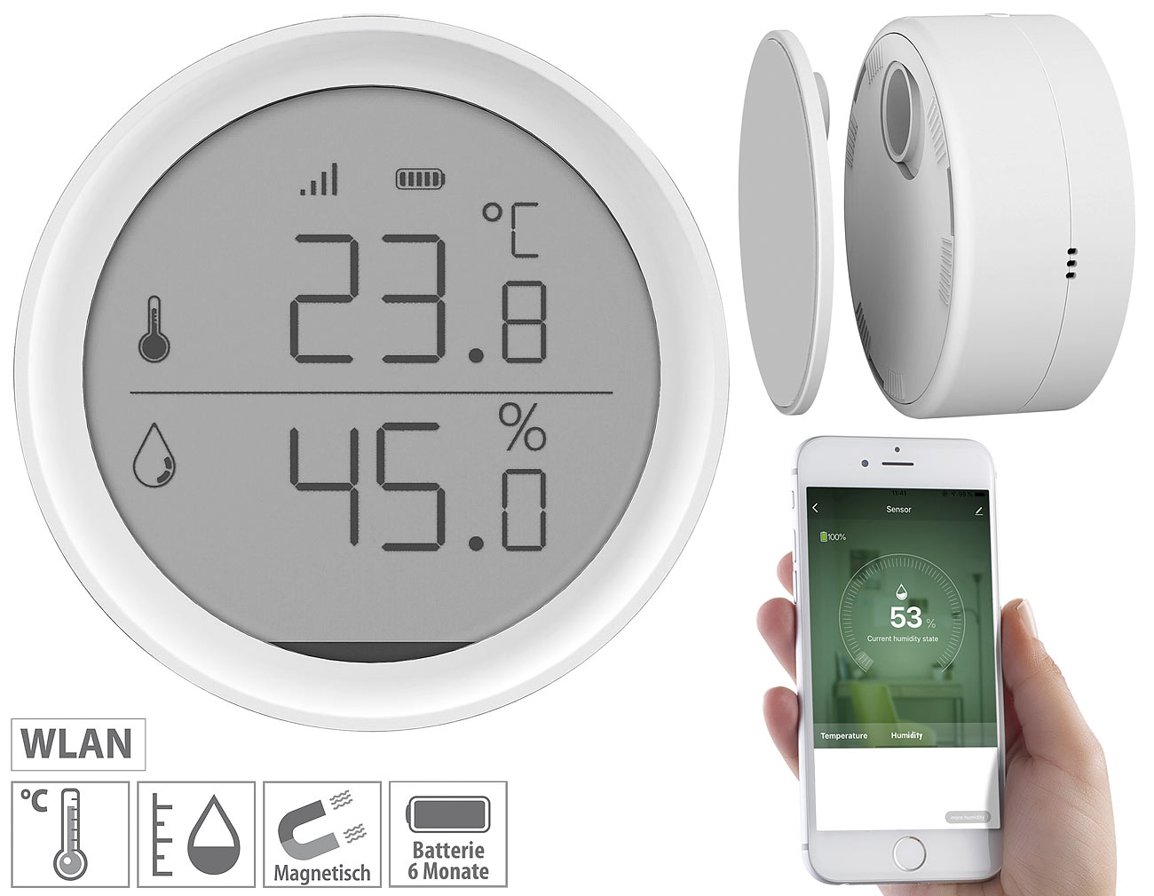 Luminea Home Control WLAN-Temperatur- & Luftfeuchtigkeits-Sensor