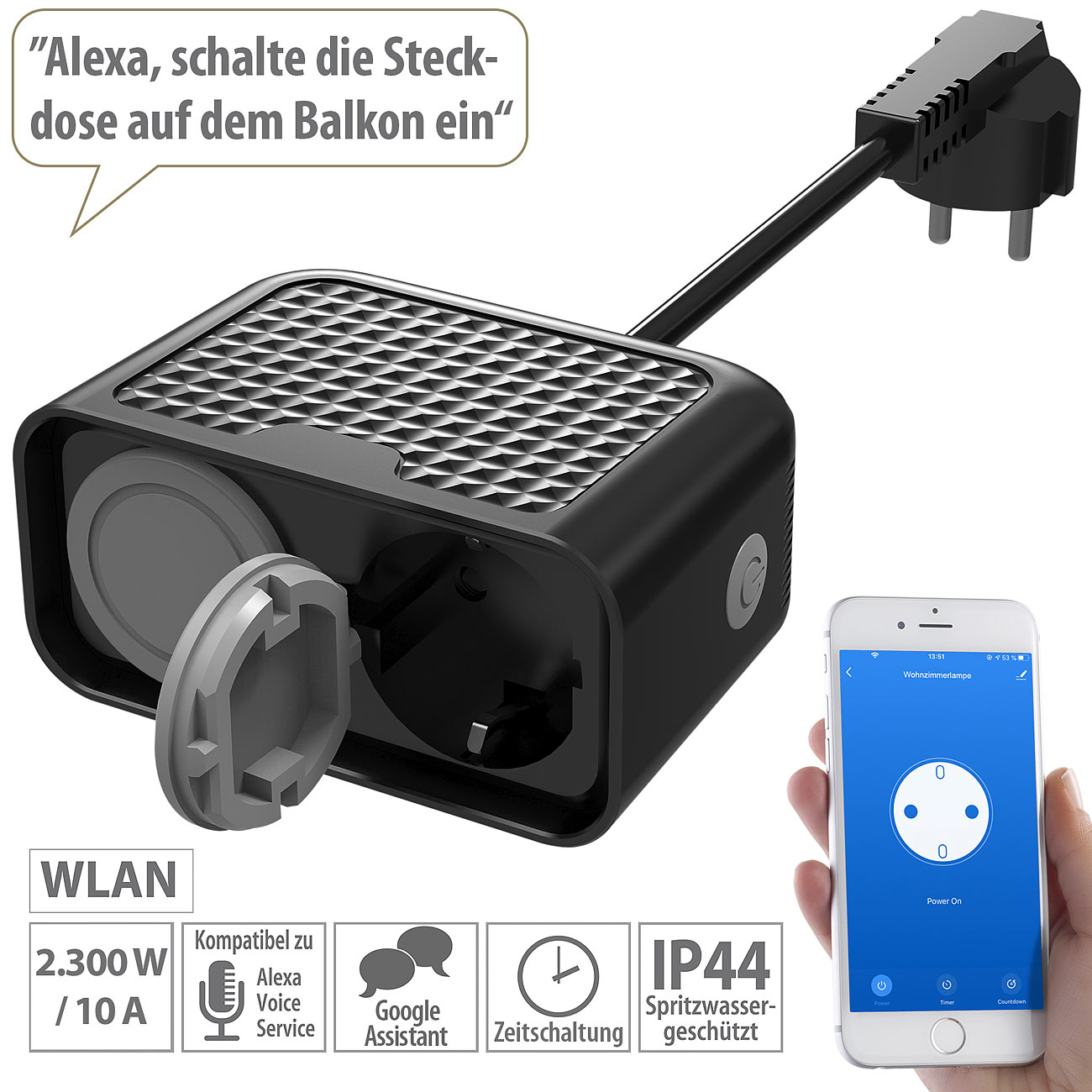 Luminea Home Control Outdoor-WLAN-2-fach-Steckdose