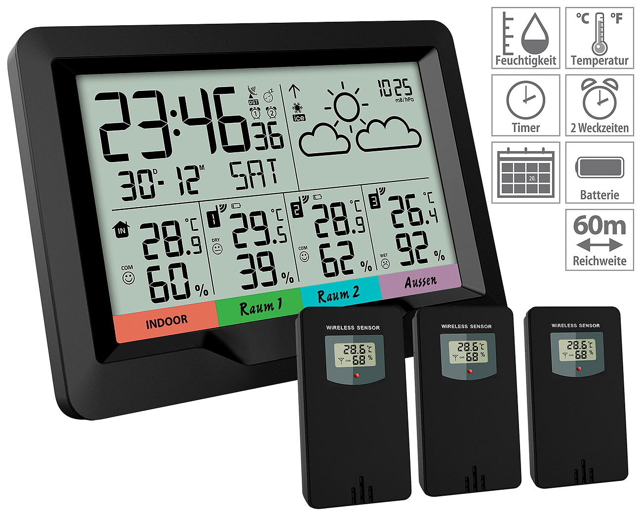 infactory Funk-Wetterstation FWS-400, mit 3 Funksensoren