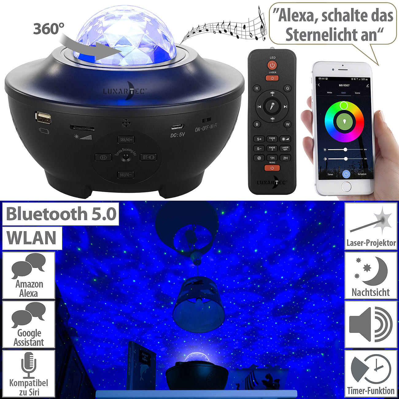 Lunartec Laser-Sternenlicht-Projektor mit Lautsprecher