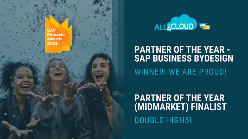 All4cloud erhält den SAP Pinnacle Award 2021 in der Kategorie Business ByDesign