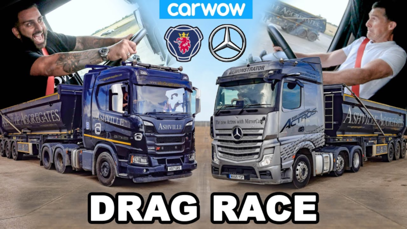 Beschleunigungsrennen: Scania R500 + Ladeschaufel vs. Scania P410 Kran-LKW vs. Scania P450 Betonmischer