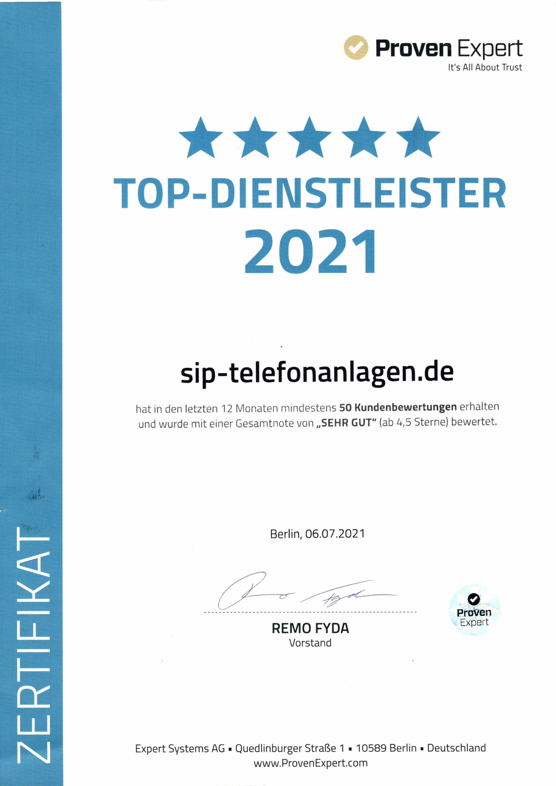 TOP-Dienstleister 2021 für sip-telefonanlagen.de