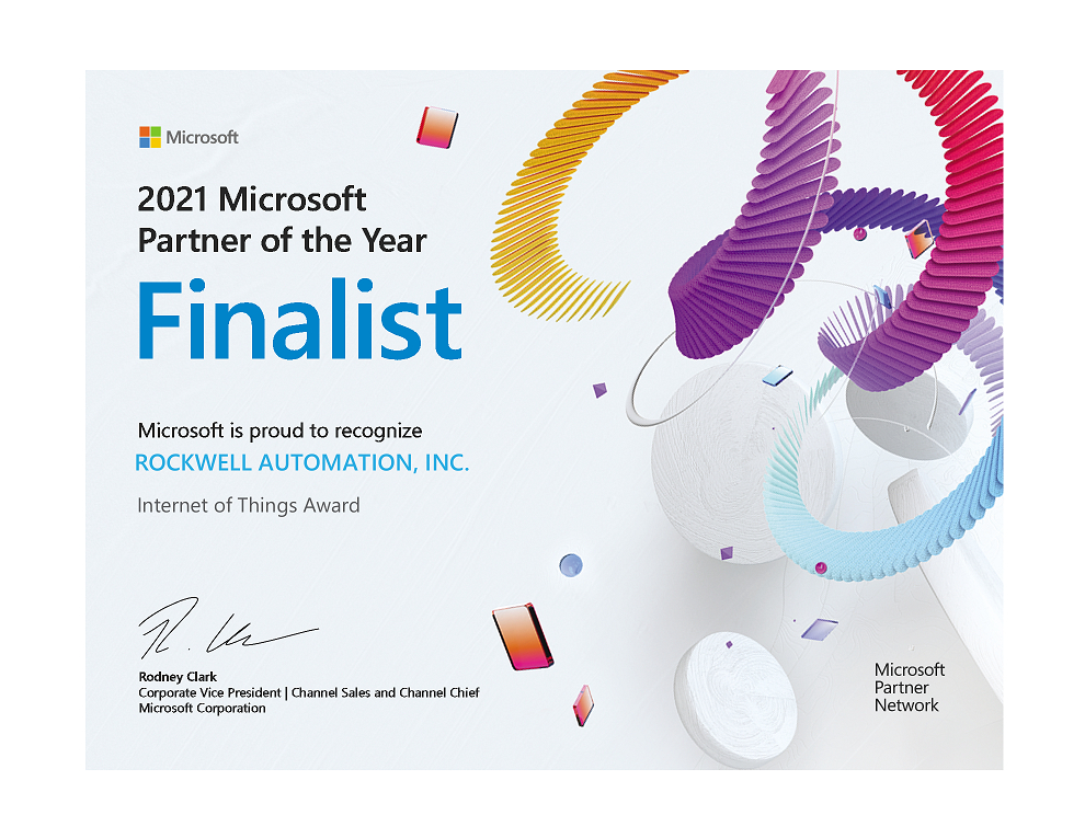 Rockwell Automation im Rahmen der Auszeichnung Microsoft Internet of Things Partner of the Year 2021 zum Finalisten gewählt