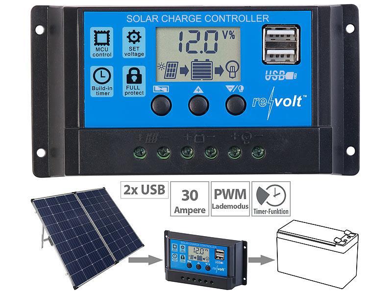 revolt Solar-Laderegler für 12/24-Volt-Akkus