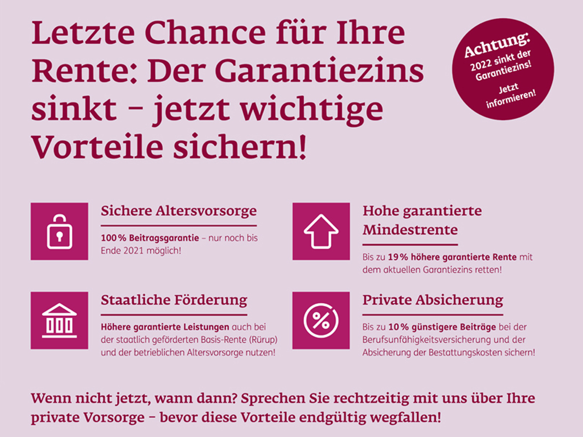 Jetzt handeln! Der Garantiezins fällt auf 0,25%!