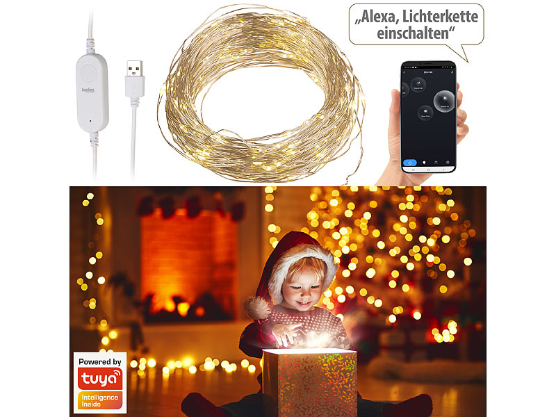 Luminea Home Control WLAN-Kupferdraht-Lichterkette mit 100 LEDs