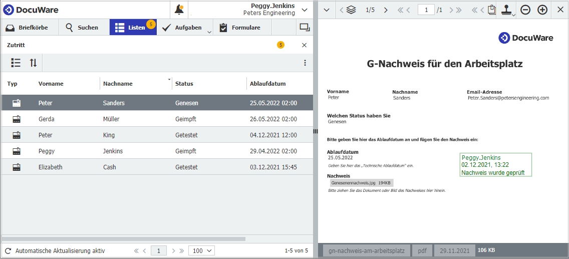 Neu: DocuWare für G-Nachweis am Arbeitsplatz