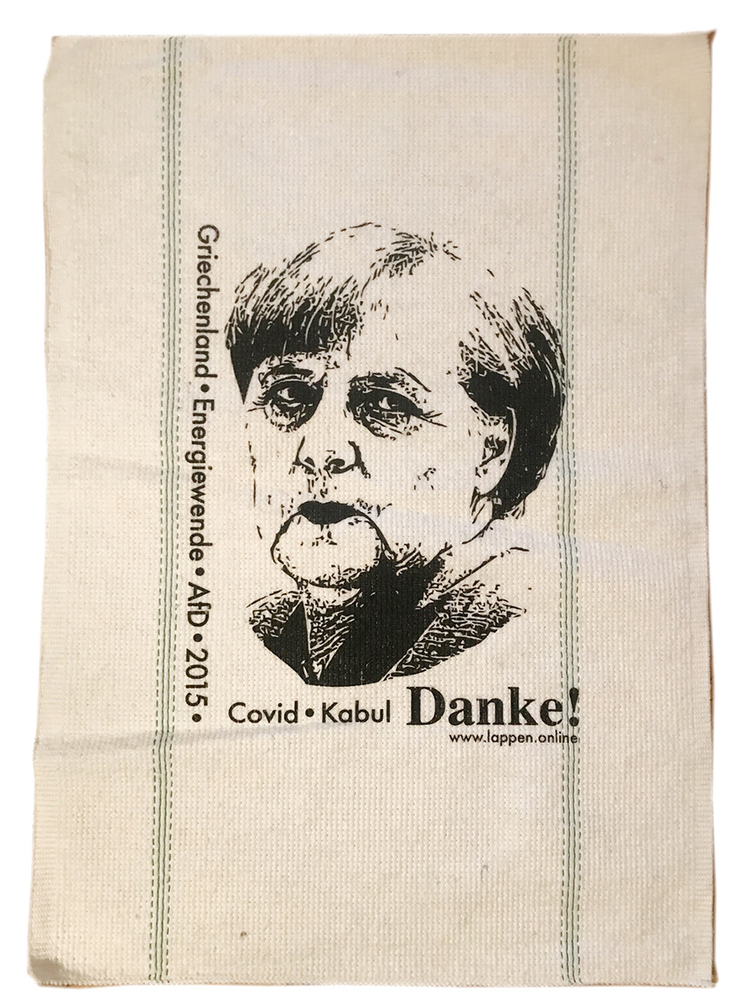 Ein satirischer Abschied von Angela Merkel. Siebdruck auf Recycling Putzlappen.  Zum feucht Wischen oder an die Wand nageln.