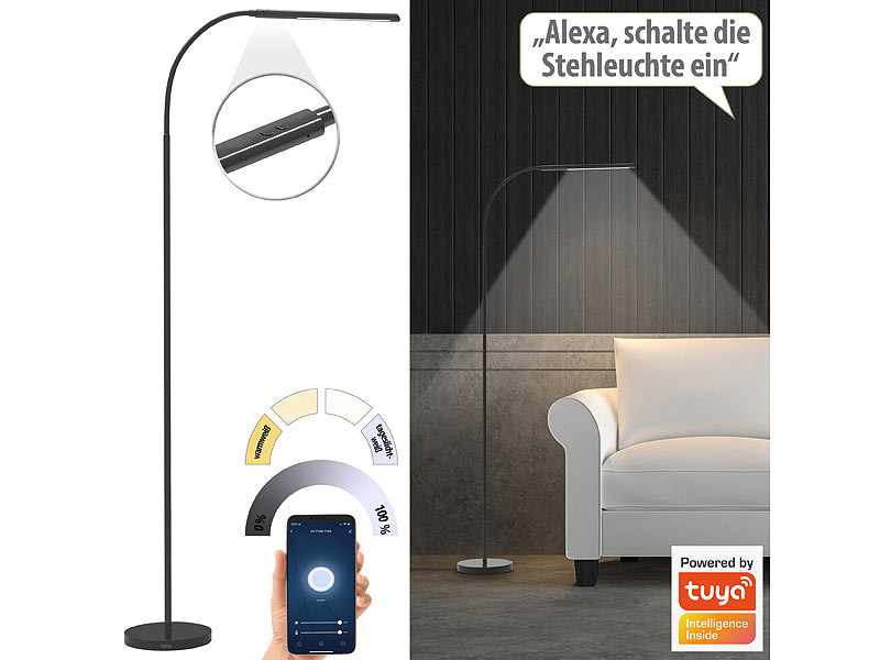 Luminea Home Control Smarte WLAN-Stehleuchte, schwarz oder weiß