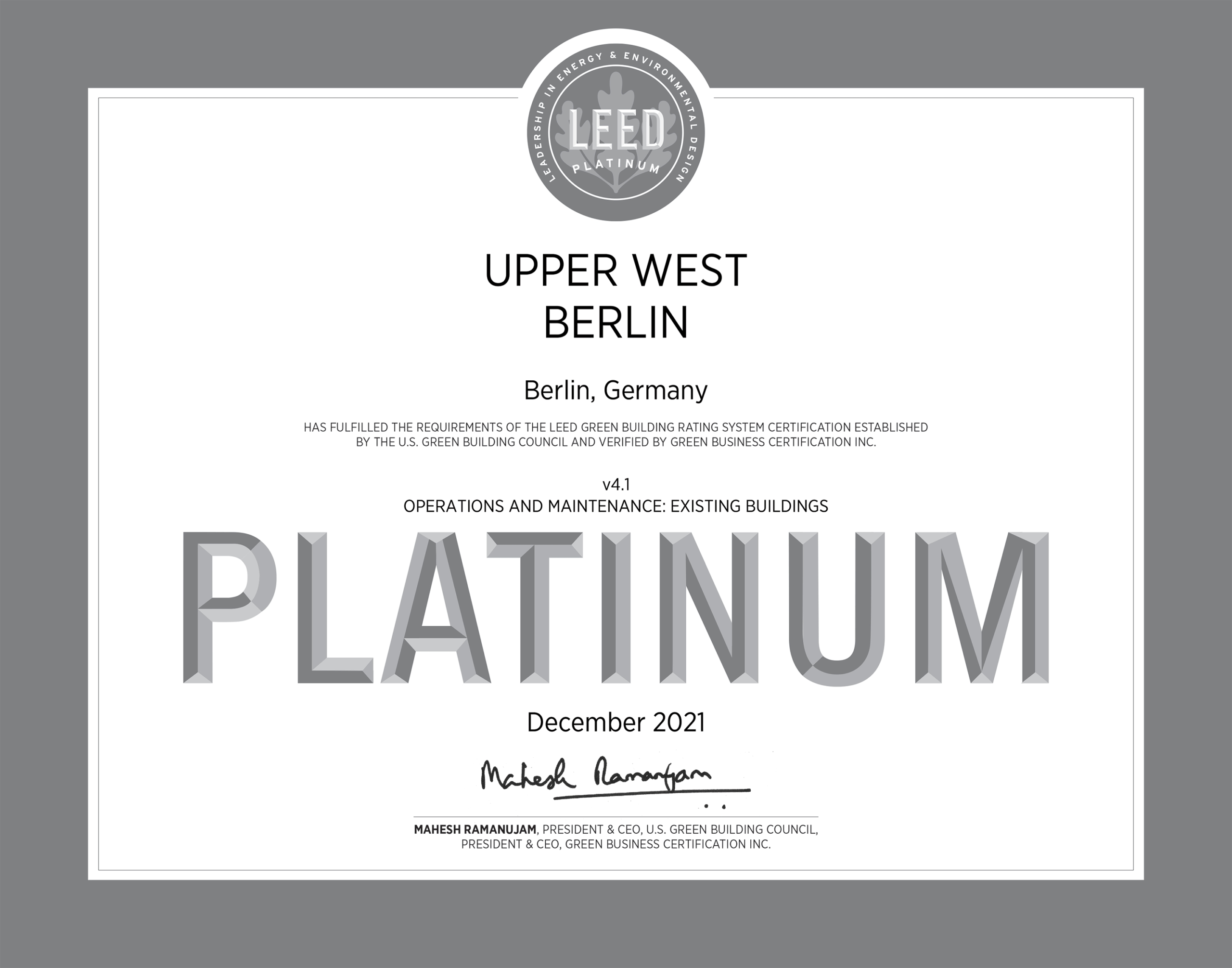 Ausgezeichnet nachhaltig: Berliner Standort „Upper West“ mit LEED Platin zertifiziert