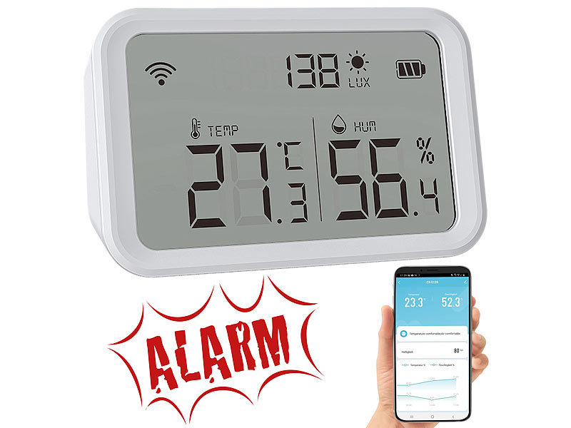 Luminea Home Control 3in1-WLAN-Sensor für Temperatur, Luftfeuchtigkeit und Helligkeit