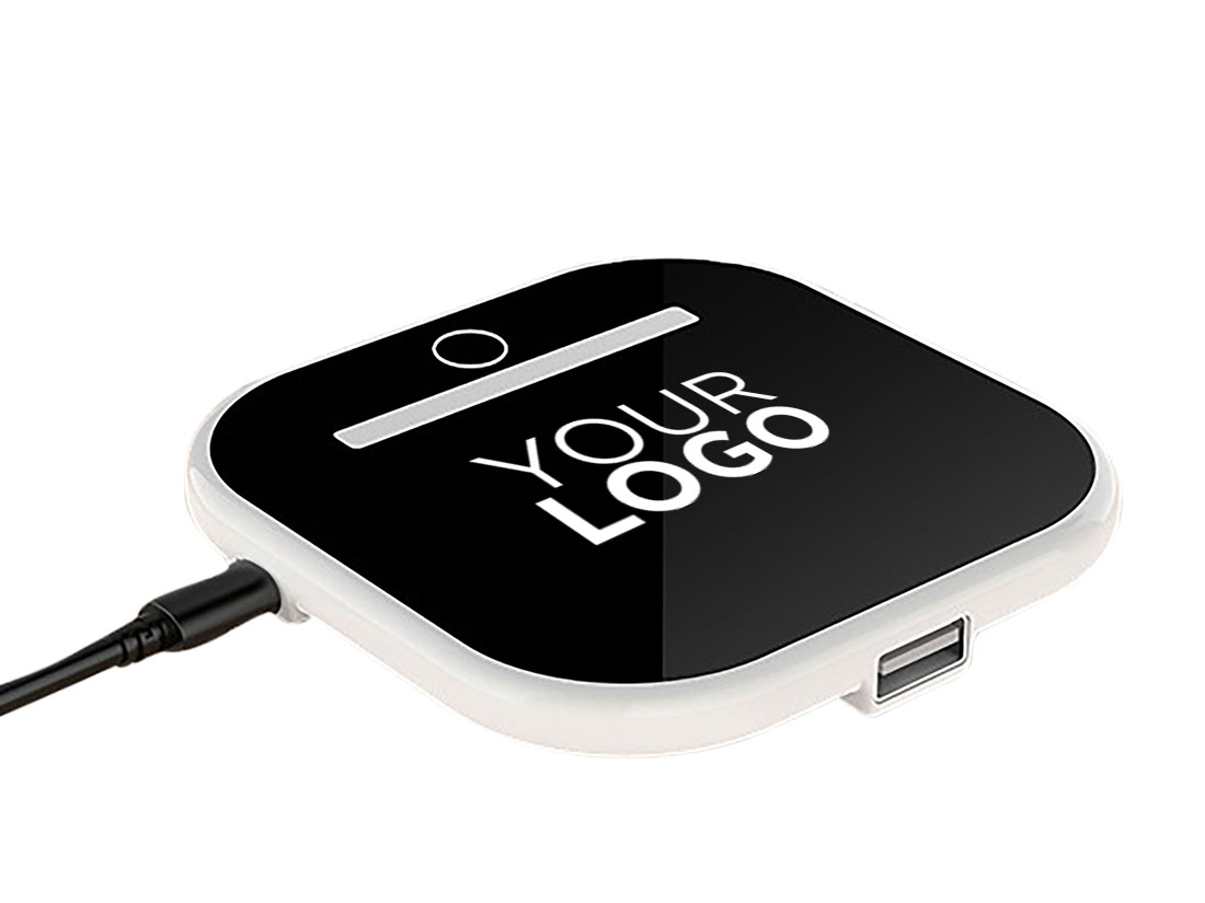 Neu im Programm: Wireless Charger mit Handyhalter, individuellem Logo, LED Lampenfunktion sowie extra USB-Anschluss Homeoffice unterstützen