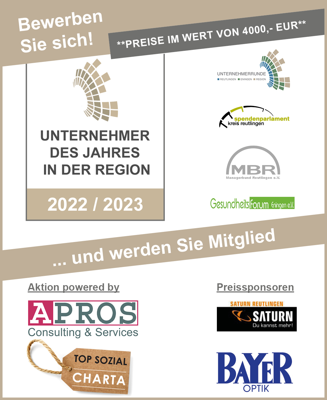 Start Wettbewerb Unternehmer des Jahres in der Region Reutlingen
