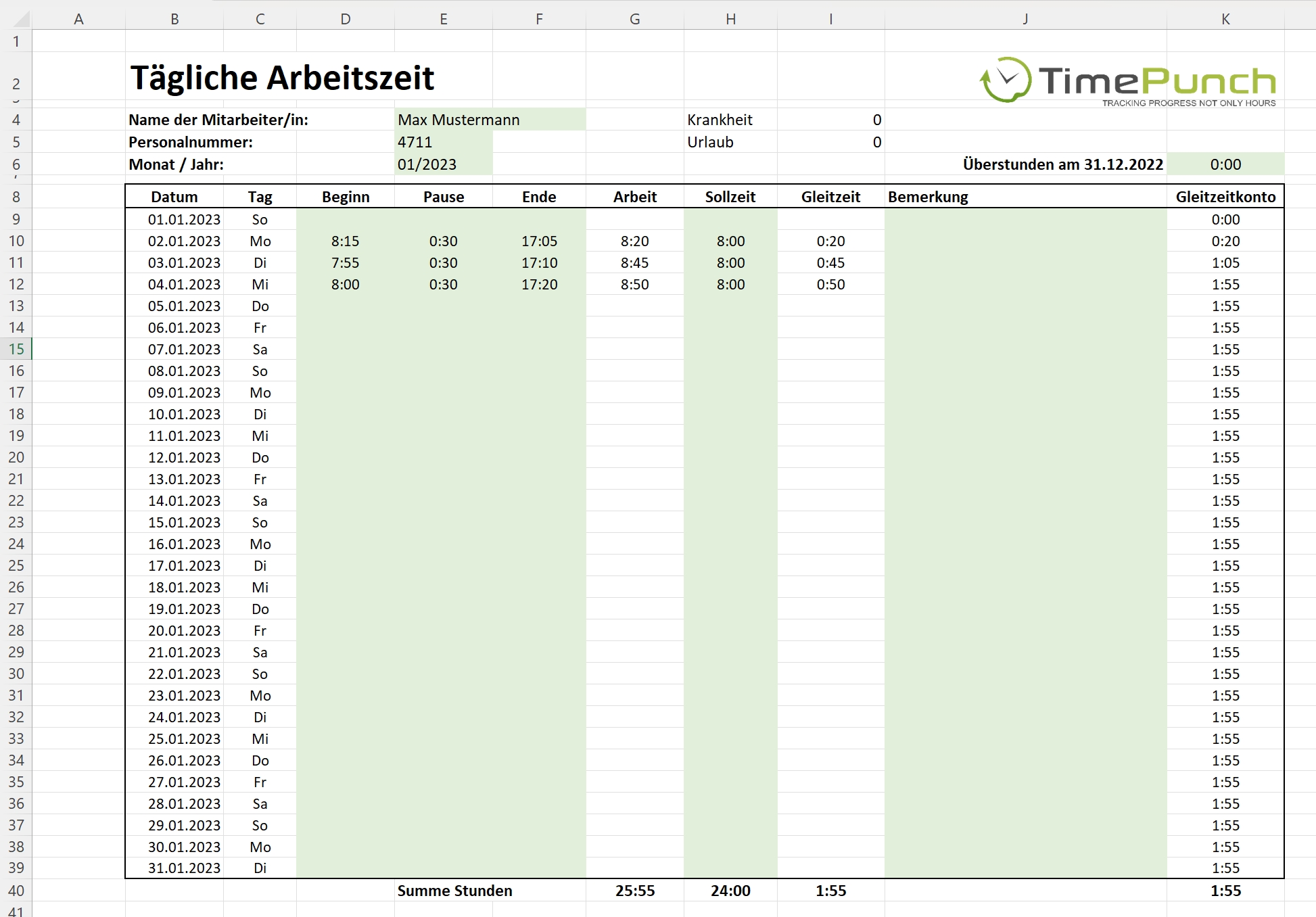 Kostenlose Excel Vorlage zur Zeiterfassung für 2023