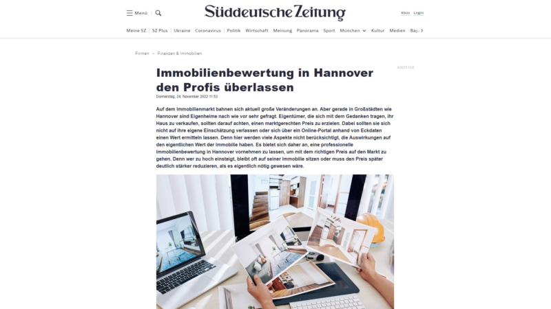 Süddeutsche Zeitung veröffentlicht Wissenswertes über professionelle Immobilienbewertung in Hannover