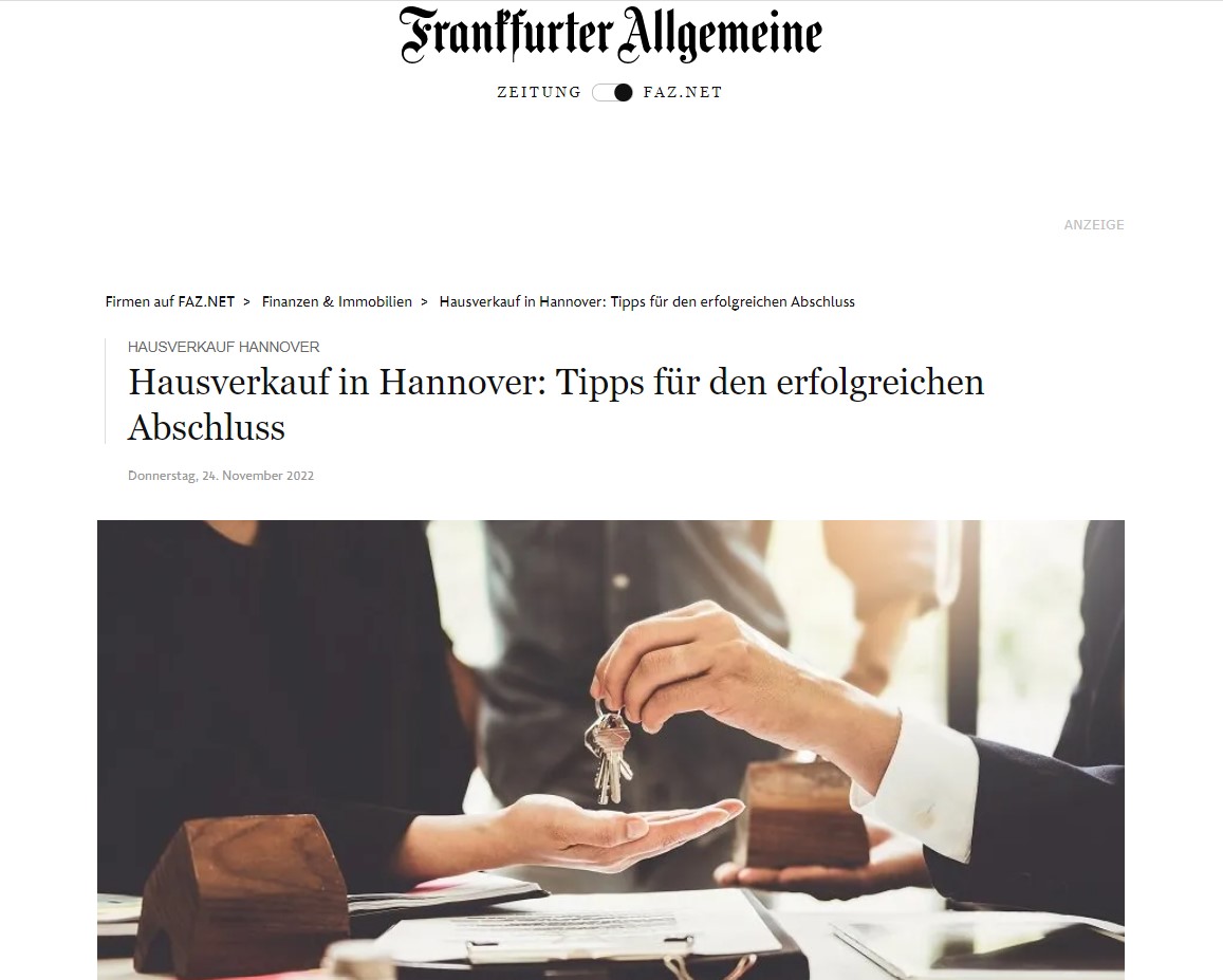 Frankfurter Allgemeine Zeitung veröffentlicht gute Tipps zum Hausverkauf in Hannover