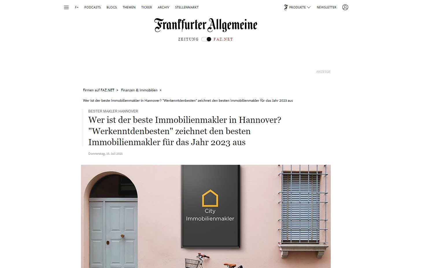 Die FAZ spricht mit City Immobilienmakler über die neue Bedeutung von Maklern beim Verkauf einer Immobilie