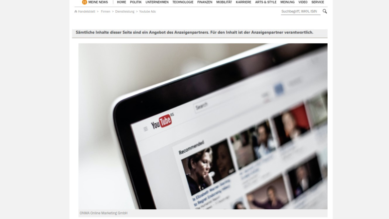 Handelsblatt berichtet Wissenswertes über Umsatzsteigerung durch YouTube-Ads