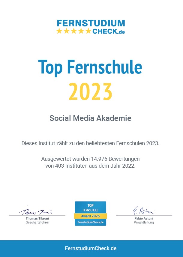 Auch 2023 TOP-Fernschule: Die Social Media Akademie von WEKA Media