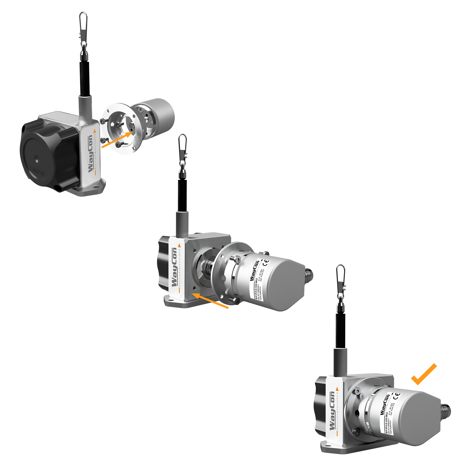 Versatile draw wire encoder mechanics for encoder mounting