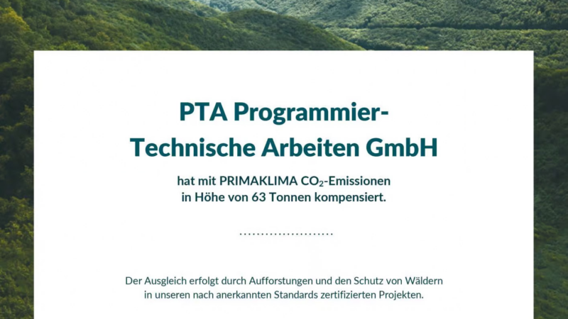 PTA IT-Beratung erhält Siegel „Klimaneutral durch Kompensation“ von PRIMAKLIMA