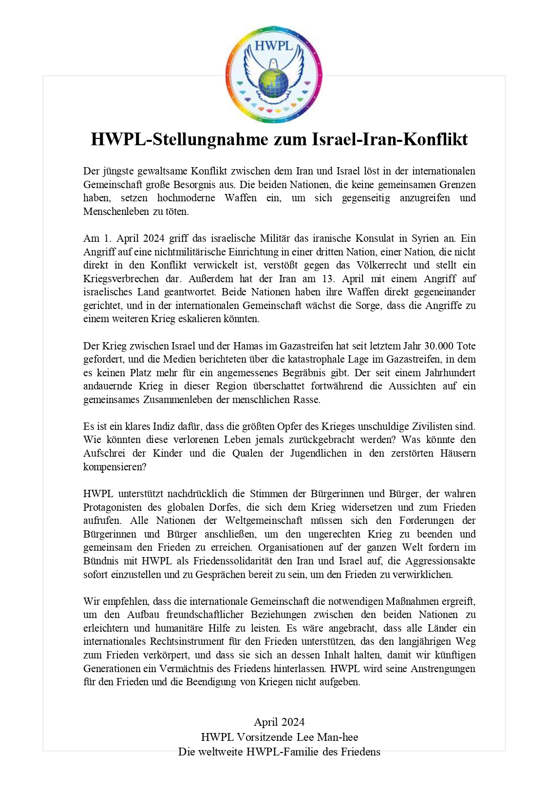 HWPL ruft inmitten zunehmender Spannungen zwischen Israel und Iran zum Frieden auf