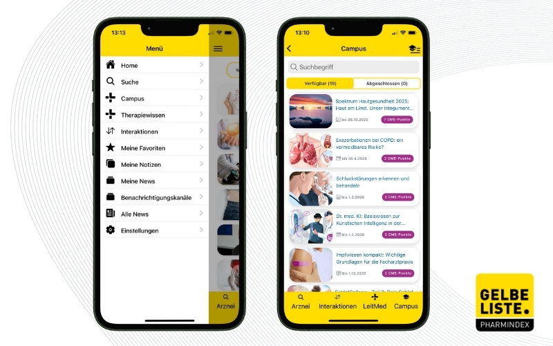 Gelbe Liste Pharmindex App: Neue Funktion und zertifizierte Online-Fortbildungen für Ärztinnen und Ärzte