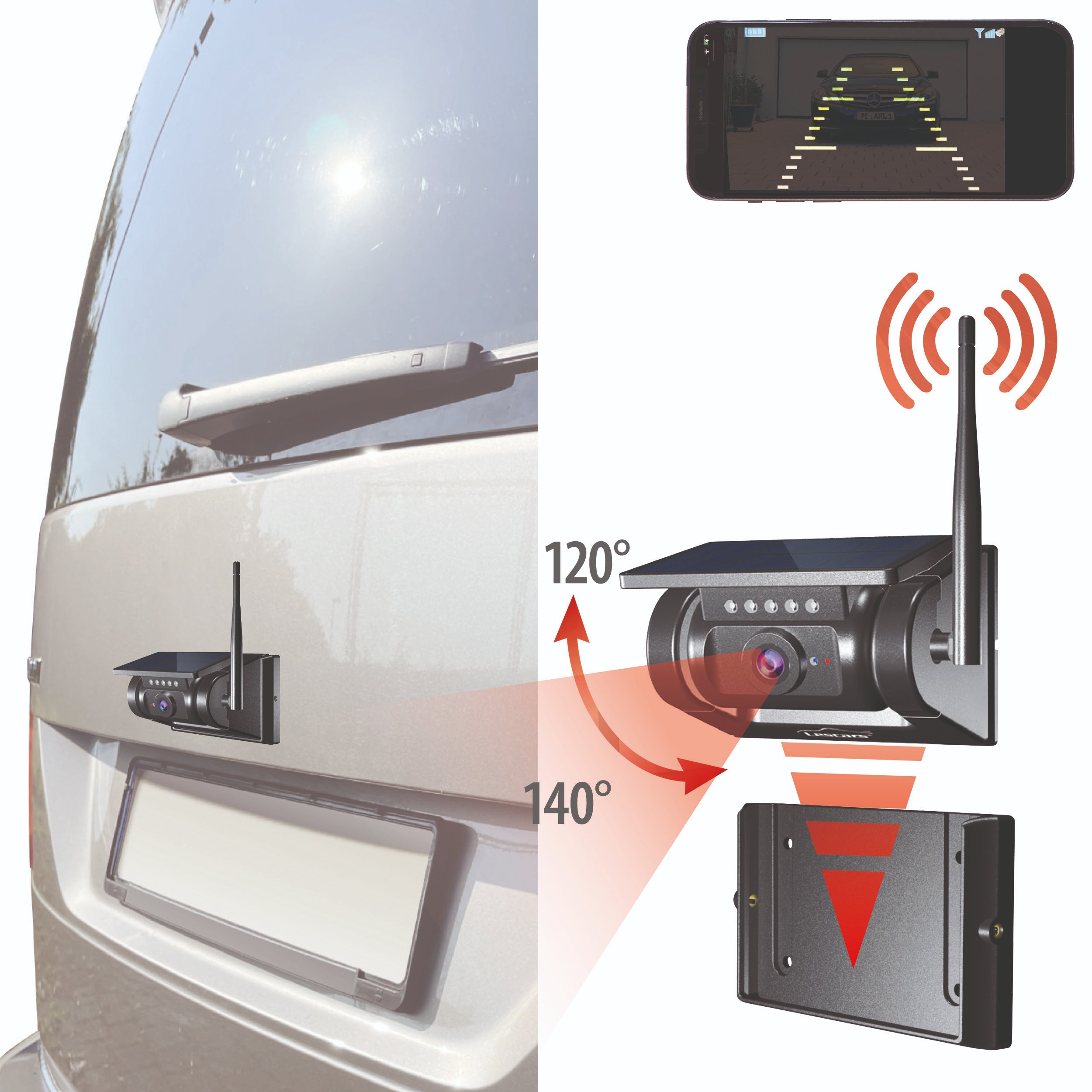 Lescars autarke WLAN-Solar-HD-Rückfahrkamera mit Akku