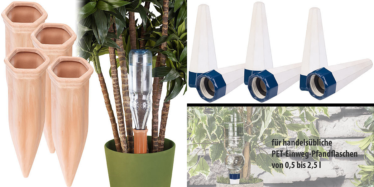 Royal Gardineer 4er-Set XL-Bewässerungs-Tonkegel und 6er-Set Tonspitzen-Pflanzenbewässerung-System für PET-Flaschen