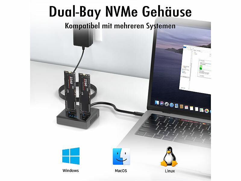 Xystec Dual-Bay-Dockingstation für M.2-SSD-Speicher zum Klonen ohne PC