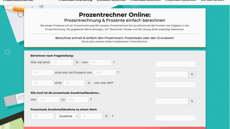 Prozentrechner.de vereinfacht Alltagsmathematik kostenlos