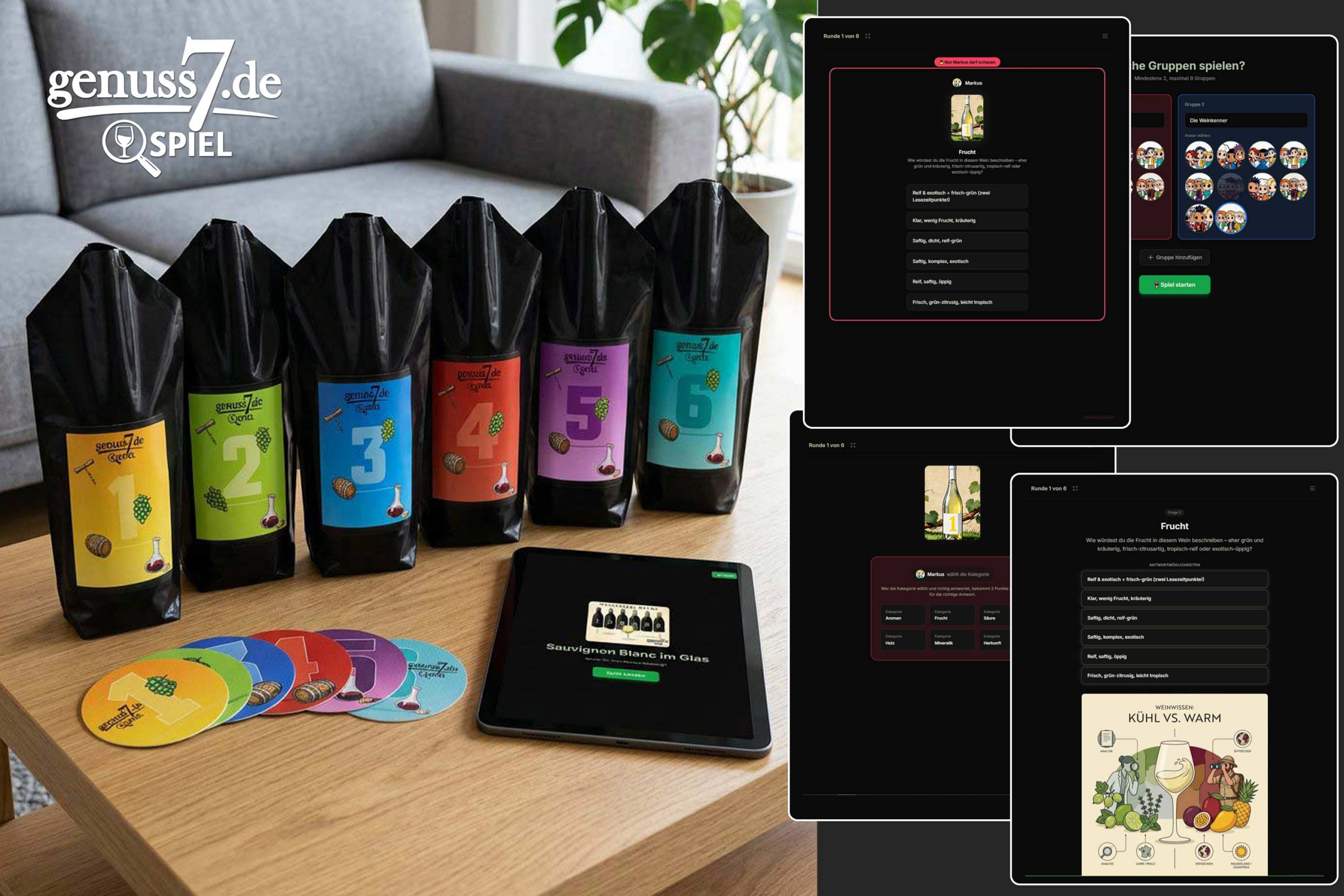 Blindverkostung als Spiel: genuss7 Weinspiel für zu Hause
