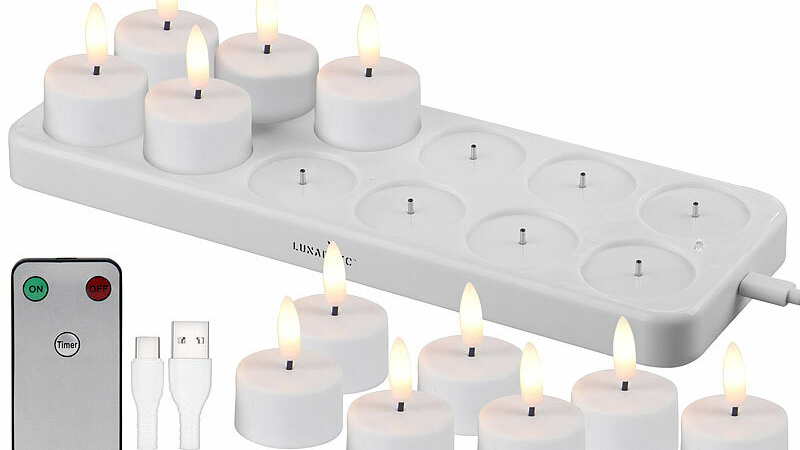Lunartec 12er-Set LED-Akku-Teelichter mit USB-Ladestation