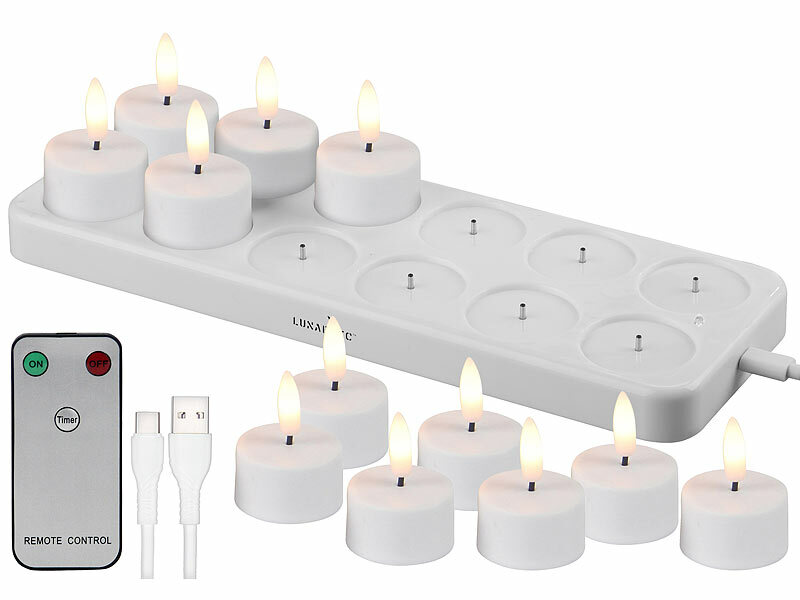 Lunartec 12er-Set LED-Akku-Teelichter mit USB-Ladestation