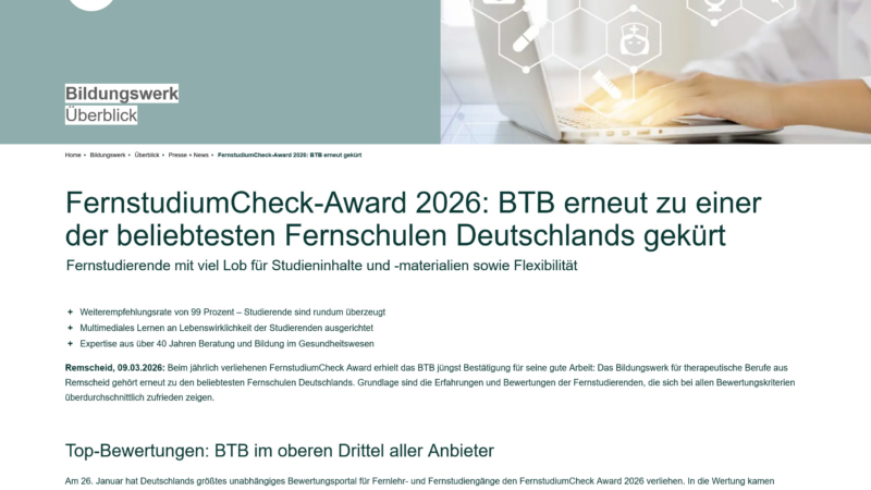 FernstudiumCheck-Award: Fernschule BTB erneut gekürt