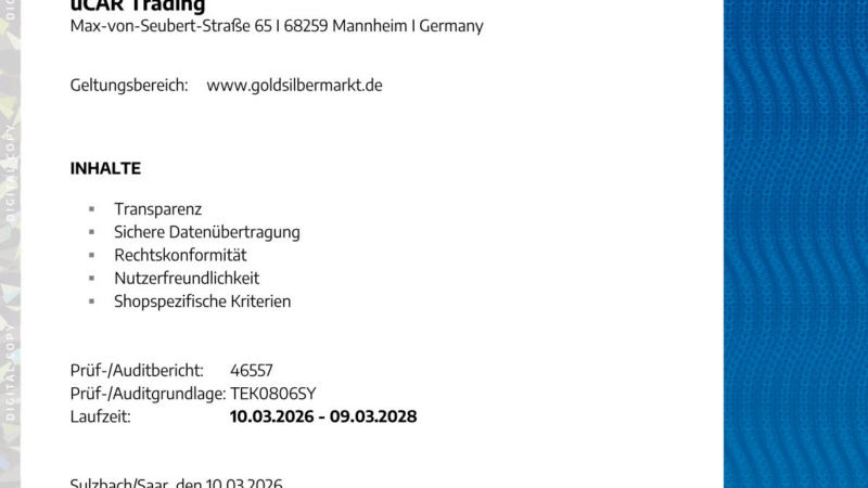 GoldSilberMarkt.de erhält TÜV Saarland Zertifizierung als „Geprüfter Onlineshop“