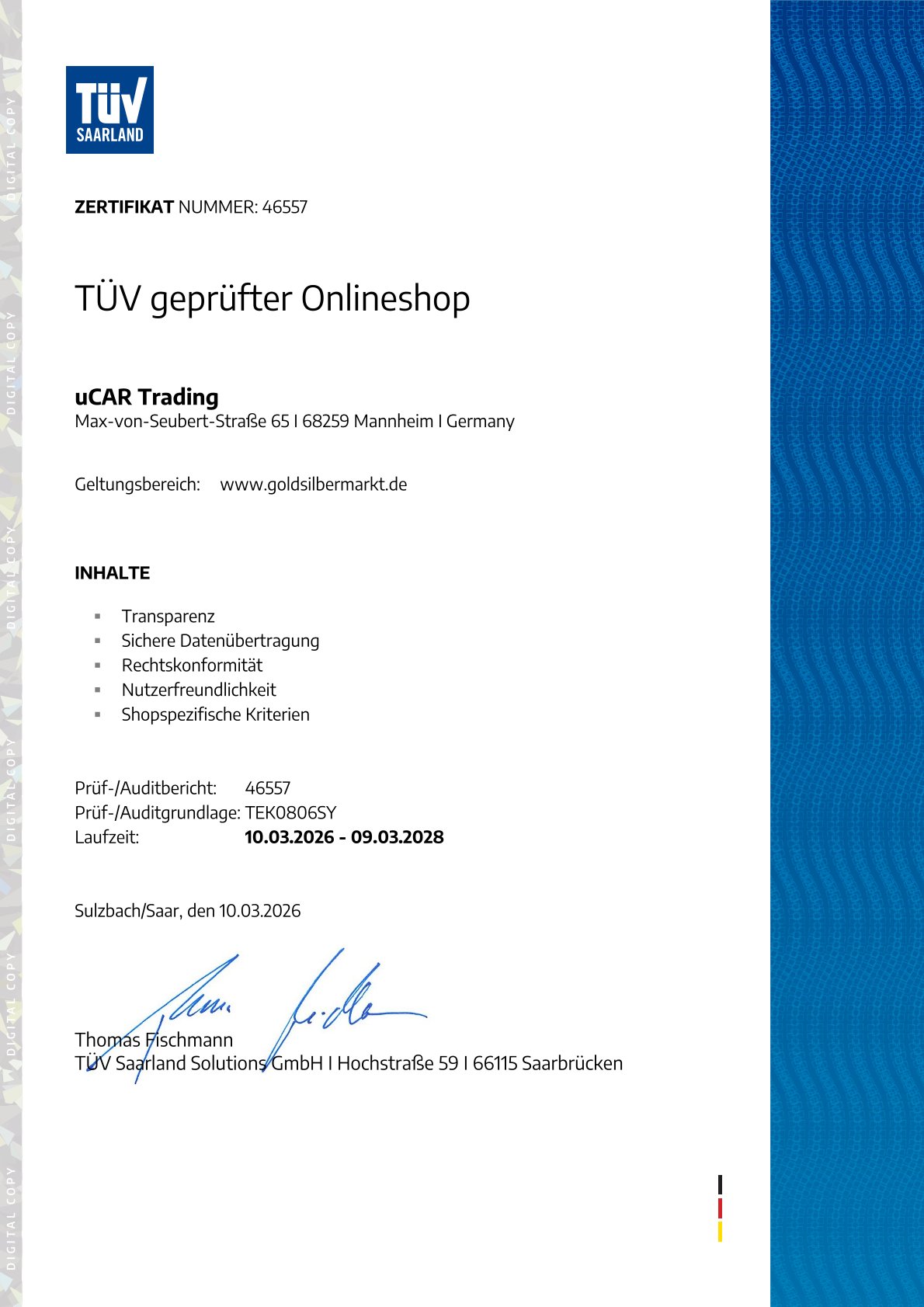 GoldSilberMarkt.de erhält TÜV Saarland Zertifizierung als „Geprüfter Onlineshop“